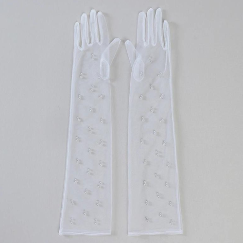 Sheer Long White Bridal Gloves with Pearls by KORSET BG