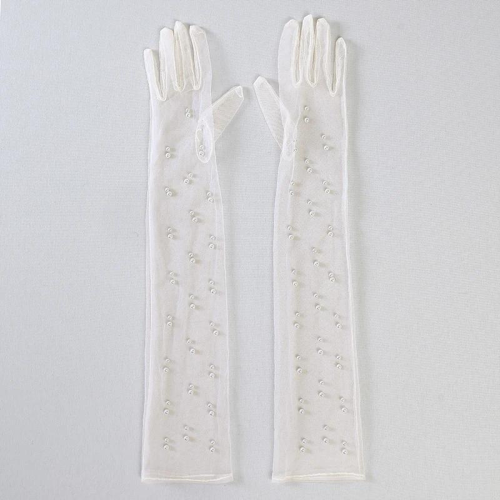 Long Beige Tulle Gloves with Pearls by KORSET BG