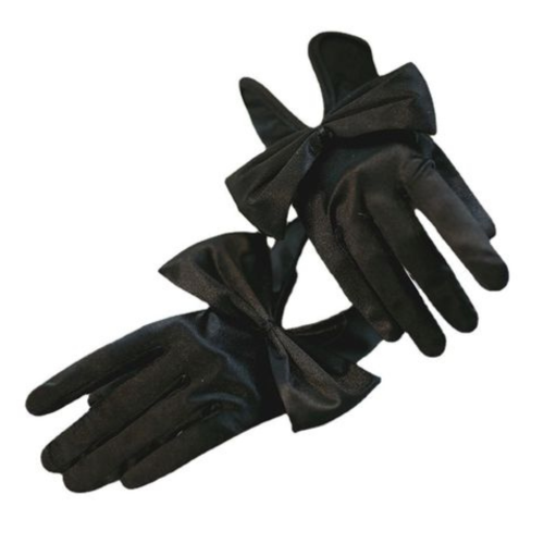 Mănuși Elegante Scurte din Satin Negru cu Fundițe - Detaliu Sofisticat pentru Înfățișarea Ta