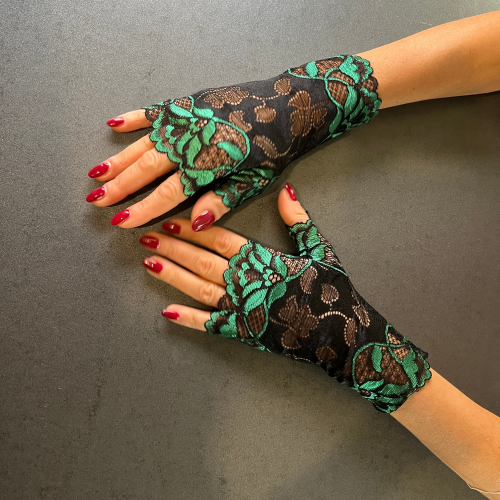 Дантелени ръкавици без пръсти в черно и зелено