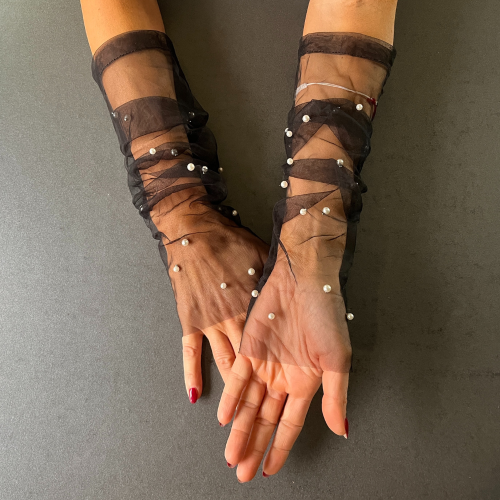 Mănuși Elegante Lungi Negre din Tul Fără Degete cu Mărgele Albe