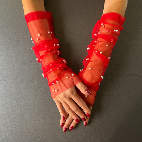 Mănuși elegante lungi roșii fără degete cu mărgele albe