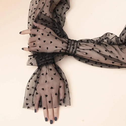 Arm Sleeves Long Fingerless Gloves in Black Tulle with Black Hearts