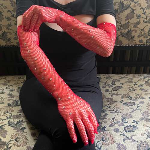 Червени мрежести ръкавици с кристали