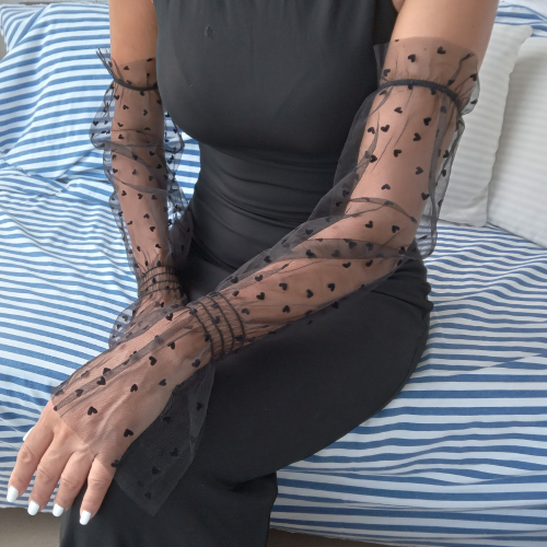 Arm Sleeves Long Fingerless Gloves in Black Tulle with Black Hearts