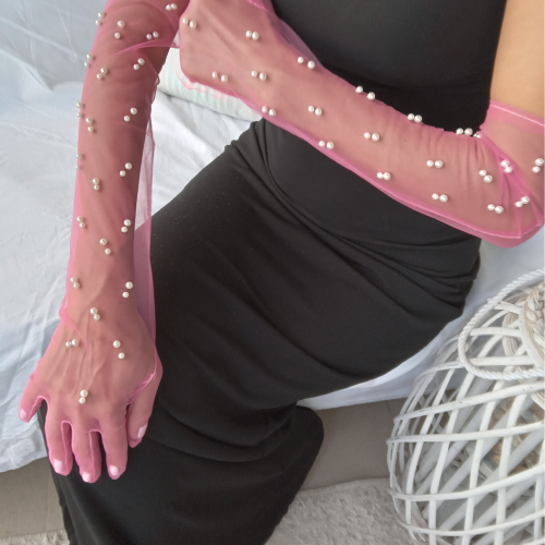 Product Title: Elegant Long Magenta Tulle Gloves with White Pearls – Chic and Stylish