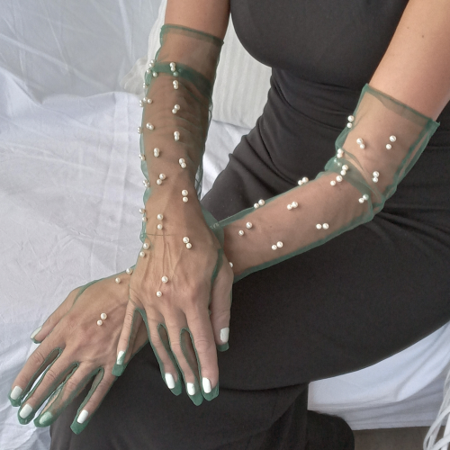 Long Dark Green Tulle Gloves with White Pearls – Sophisticated and Chic