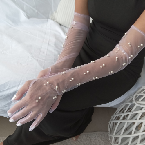 Elegant Long Pale Lavender Tulle Gloves with White Pearls – Timeless Sophistication