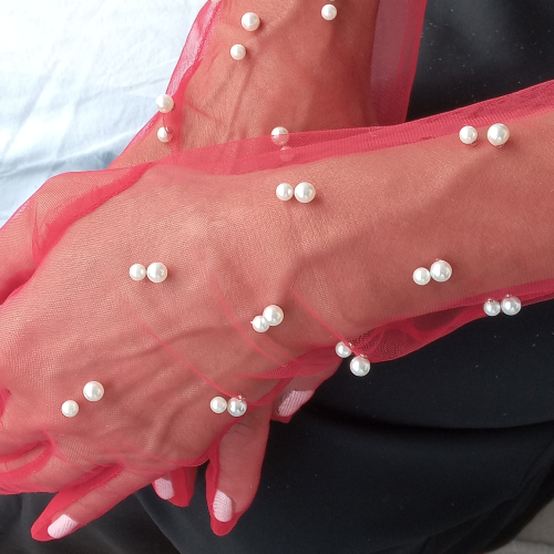 Elegant Long Red Tulle Gloves with White Pearls – Timeless Luxury