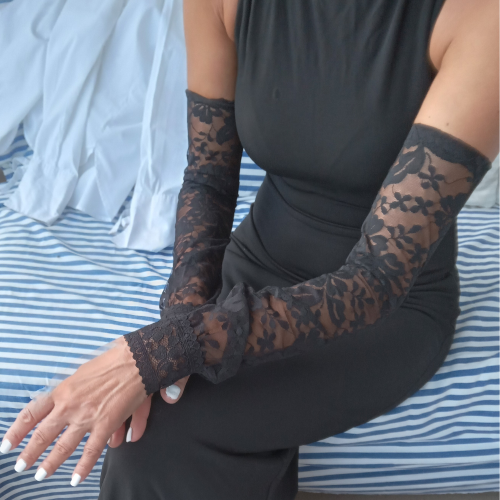 Elegant Long Black Lace Gloves with Floral Cuff