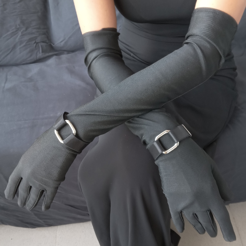 Stylish Set of Long Black Gloves and Satin Bracelets with Metal Elements