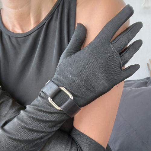 Stylish Set of Long Black Gloves and Satin Bracelets with Metal Elements