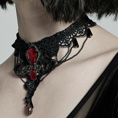 Victorian Gothic Black Lace Choker with Red Crystals & Black Pendants