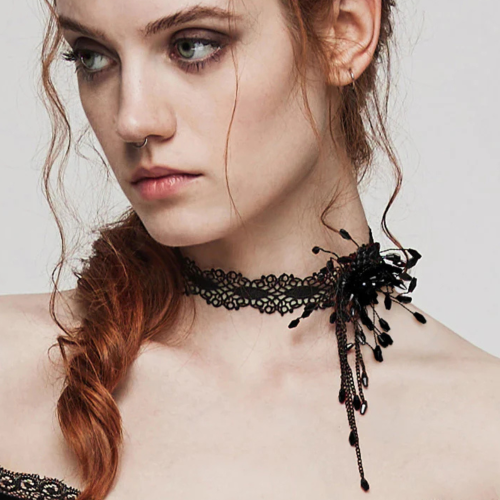 Elegant Black Lace Choker with 3D Beaded Floral Motif