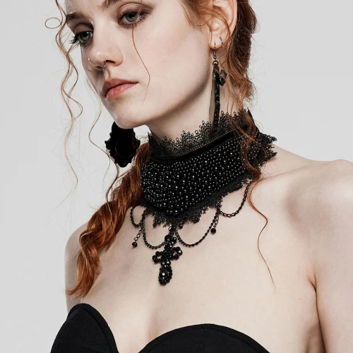 Women's Romantic Gothic Black Lace Choker with Coffin Gems & Beaded Chains