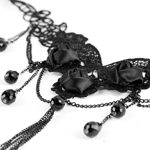 Elegant Black Lace Necklace with Satin Roses and Teardrop Beads by Punk Rave