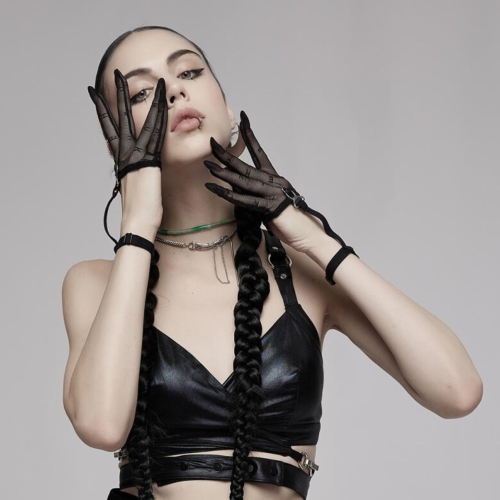 Eccentric Cut-Out Mesh Gloves with Harness Bracelet - Bold Finish for Every Look