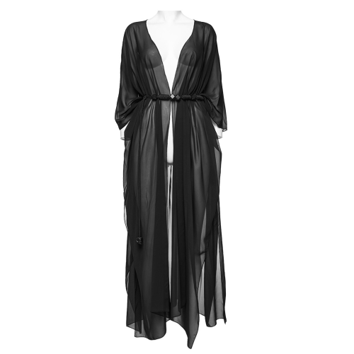 Long Black Chiffon Wrap with Rope Belt and Beads