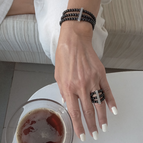 Handmade Black Onyx Triple Bracelet and Ring Set