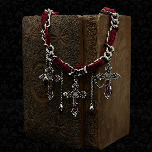 Gothic Chain Choker with Red Velvet, Cross Pendants, and Hanging Chains