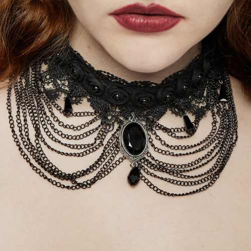 Gothic Black Lace Choker with Beads and Draping Chains