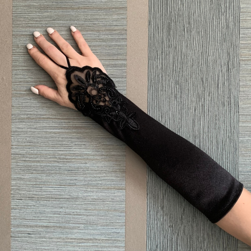 Black Satin Beaded Gloves - Elegant Evening Gloves, Bridal Gloves